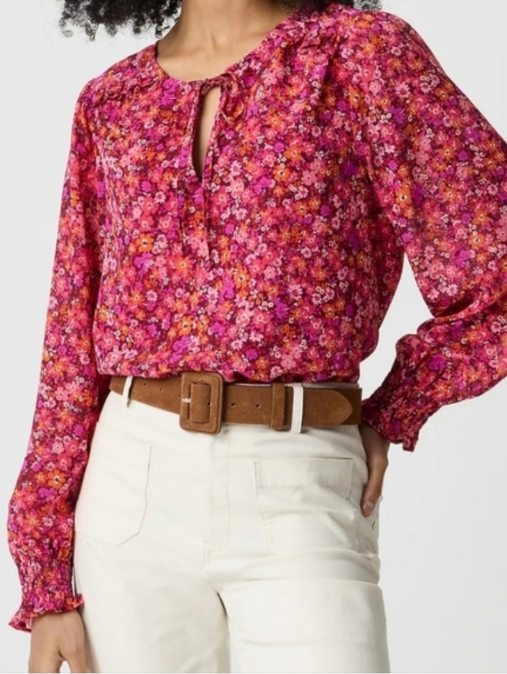 J. Crew Red and Pink Floral Tie-Neck Long Sleeve Blouse Top